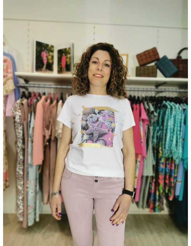Camiseta océano. Modelo DJ72730. Color blanco con malva