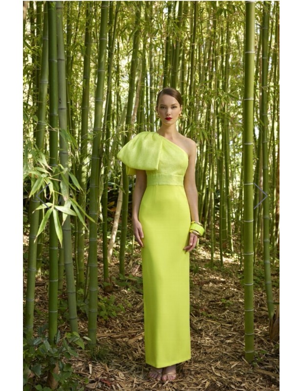 Vestido Florida. Modelo 50606. Color lima y rosa fuerte. Jorge Garcia Moda